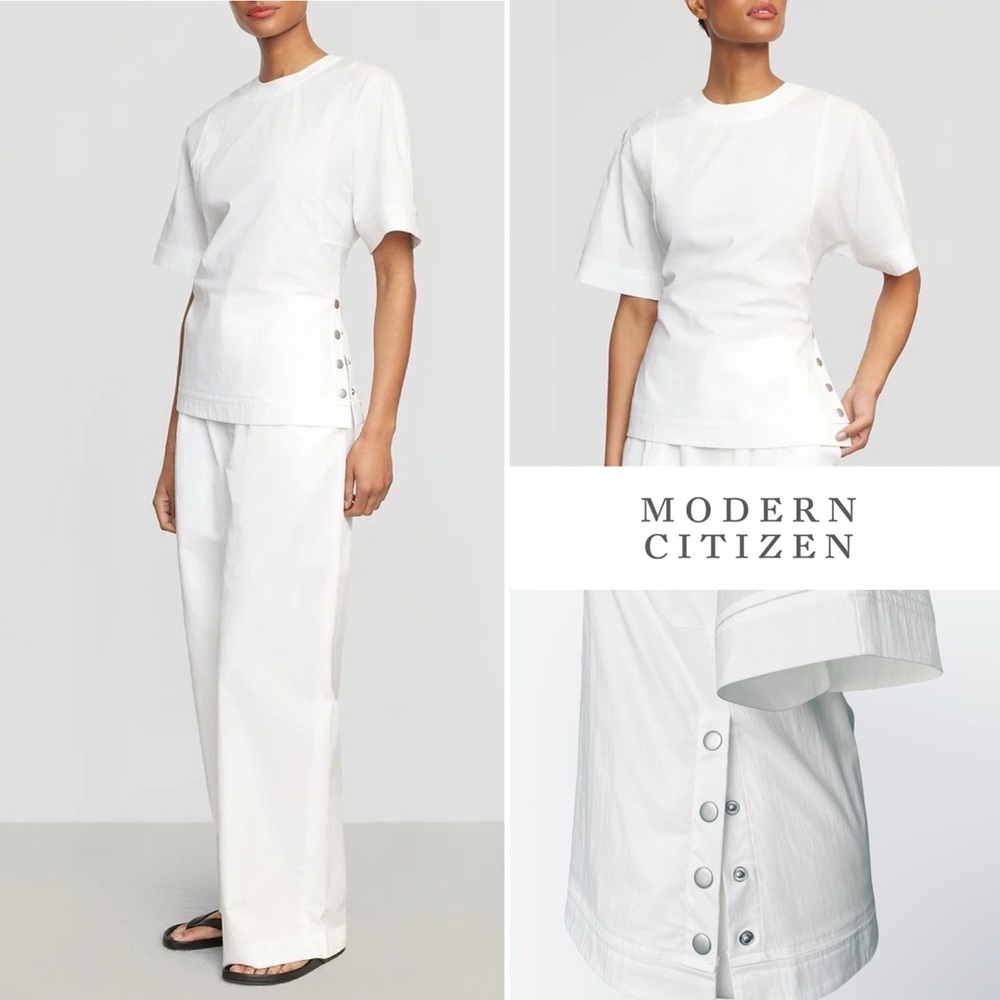 Modern Citizen “Chiyo” Side Button Short Sleeve Zip-Back Blouse Top White XS EUC